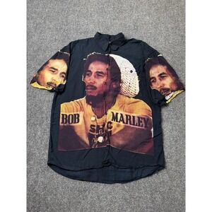 Mens Bob Marley Graphic Short Sleeve Button Up Shirt Black Reggae, Size XL